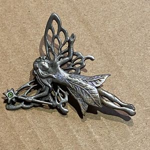 JJ Jonette Vintage Angel fairy with purple sparkle green gemstone brooch pin.